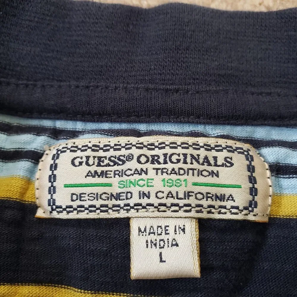 Vintage 90s Guess Embroidered Striped Size Large Mens Multicolored T-Shirt LA - Picture 3 of 6